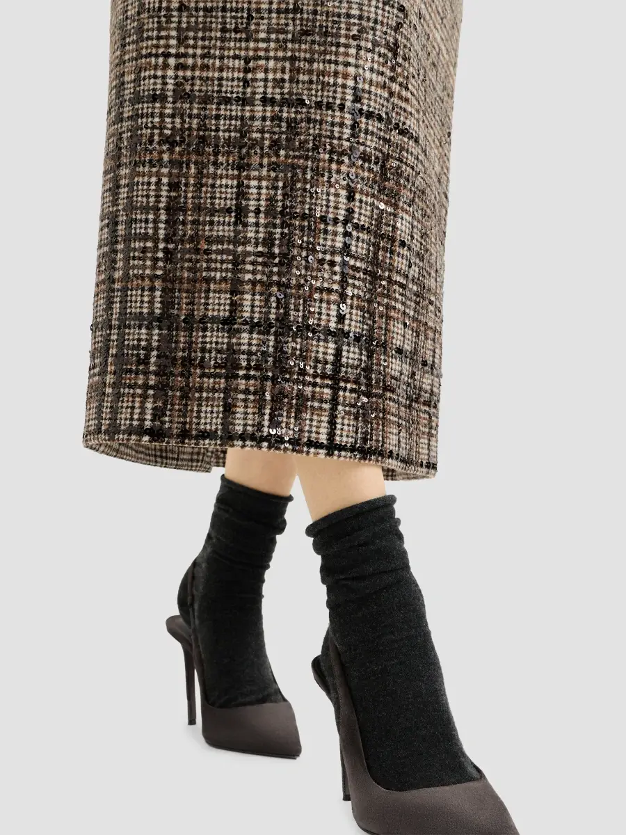 Brunello Cucinelli Women's Checked Alpaca and Wool Pencil Skirt with Dazzling Degradé Embroidery | Thumbnail 6 Brunello Cucinelli Women's Checked Alpaca and Wool Pencil Skirt with Dazzling Degradé Embroidery | Thumbnail 6