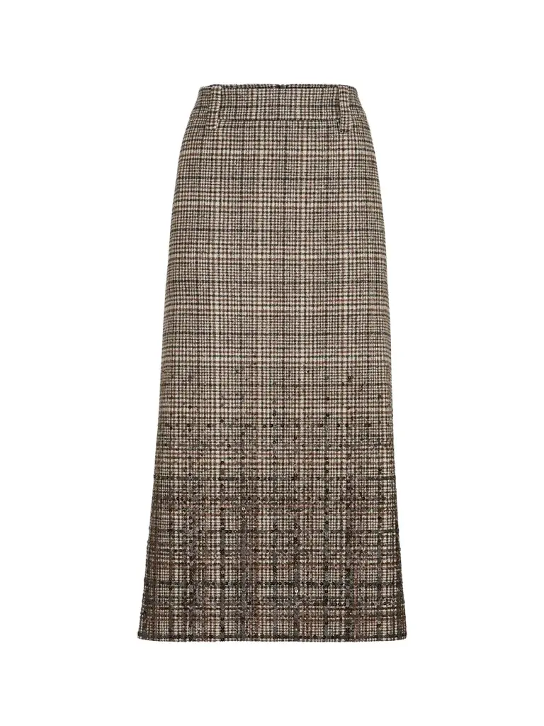 Women's Checked Alpaca and Wool Pencil Skirt with Dazzling Degradé Embroidery Women's Checked Alpaca and Wool Pencil Skirt with Dazzling Degradé Embroidery