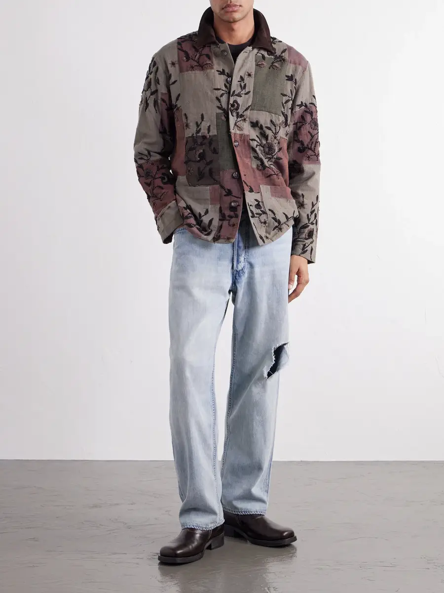 Kartik Research Embroidered Patchwork Suede-Trimmed Cotton Chore Jacket - Men | Thumbnail 2 Kartik Research Embroidered Patchwork Suede-Trimmed Cotton Chore Jacket - Men | Thumbnail 2