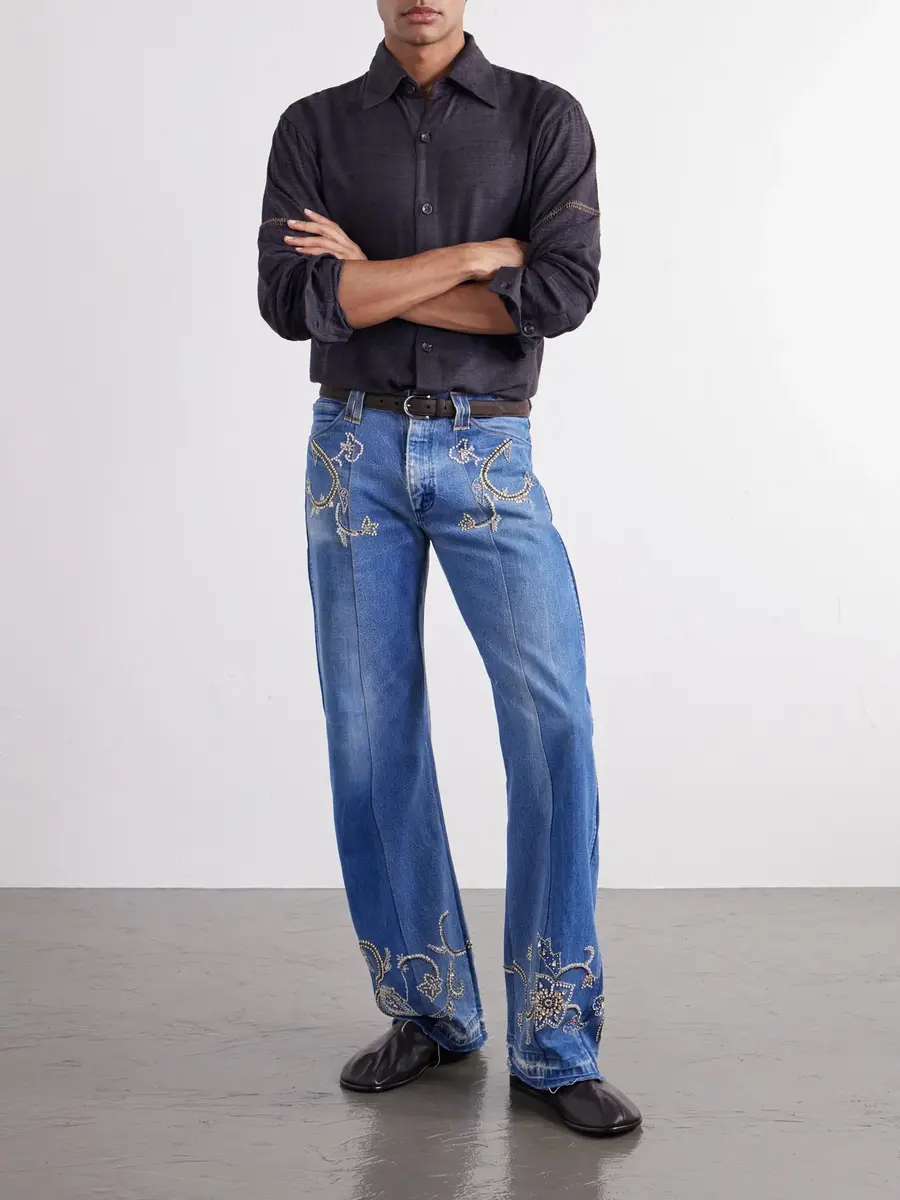 Kartik Research Straight-Leg Distressed Bead-Embellished Jeans - Men | Thumbnail 2 Kartik Research Straight-Leg Distressed Bead-Embellished Jeans - Men | Thumbnail 2