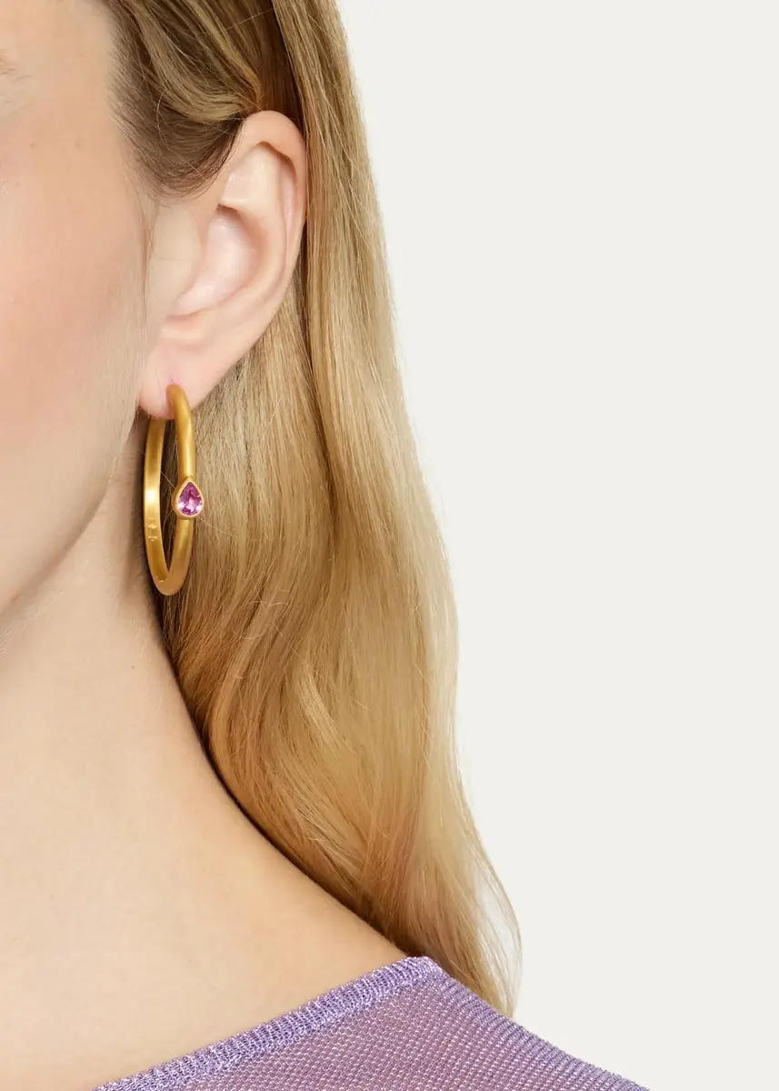 DARIUS 18K Single Pink Pear Sapphire Signature Hoop Earrings, 36mm | Thumbnail 2 DARIUS 18K Single Pink Pear Sapphire Signature Hoop Earrings, 36mm | Thumbnail 2