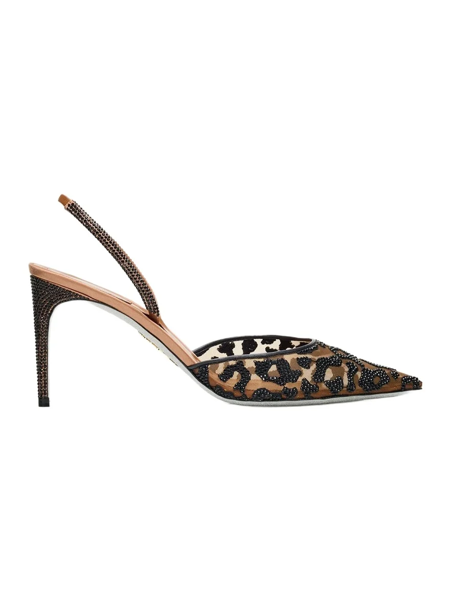 René Caovilla 80mm Leopard Embellished Mesh Slingback Pumps