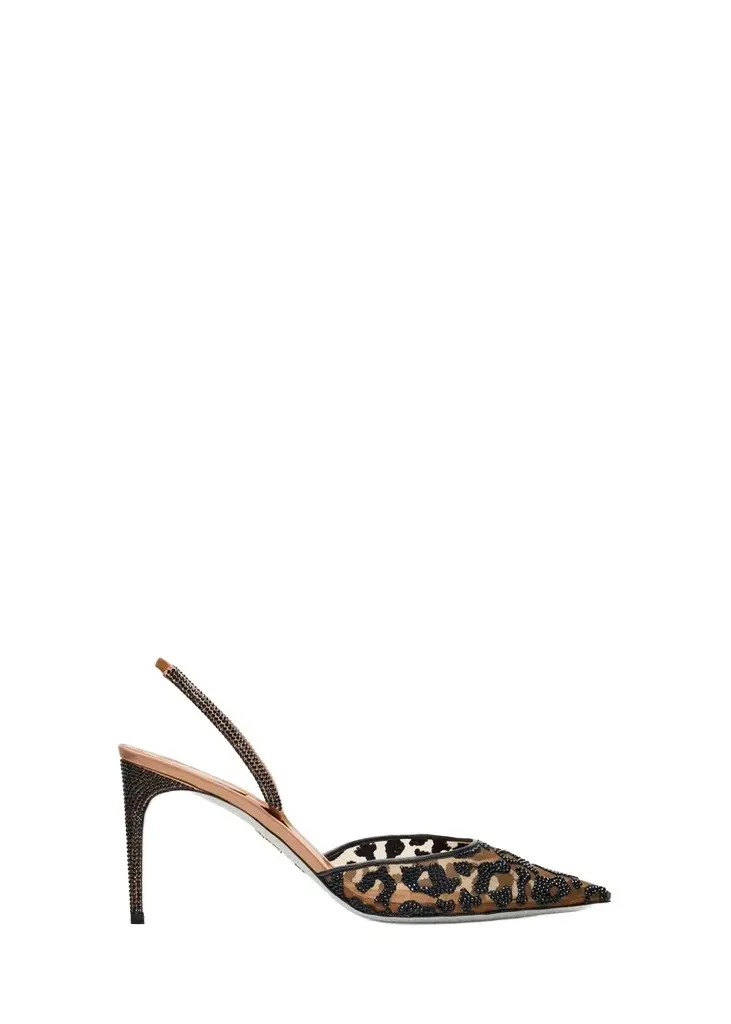 René Caovilla 80mm Leopard Embellished Mesh Slingback Pumps