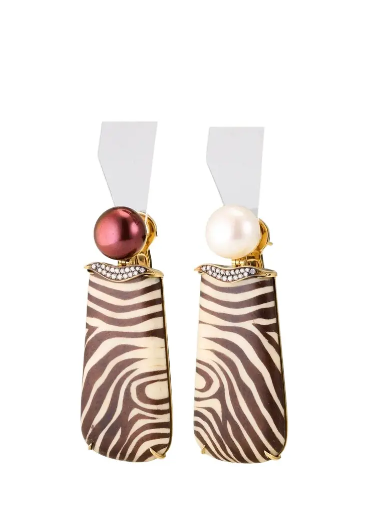 18K Zebra Marquetry Drop Earrings with Pearls and Diamonds 18K Zebra Marquetry Drop Earrings with Pearls and Diamonds