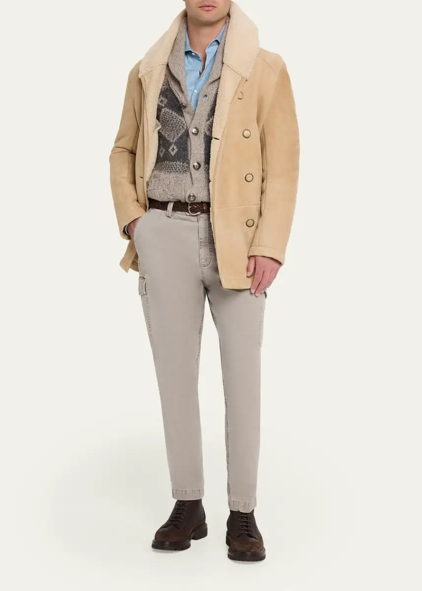 Brunello Cucinelli Men's Shearling Double-Breasted Shearling Aviator Coat | Thumbnail 2 Brunello Cucinelli Men's Shearling Double-Breasted Shearling Aviator Coat | Thumbnail 2