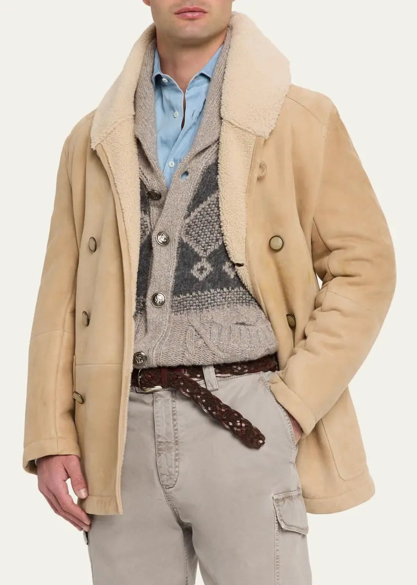 Brunello Cucinelli Men's Shearling Double-Breasted Shearling Aviator Coat | Thumbnail 4 Brunello Cucinelli Men's Shearling Double-Breasted Shearling Aviator Coat | Thumbnail 4
