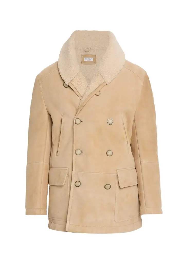Brunello Cucinelli Men's Shearling Double-Breasted Shearling Aviator Coat