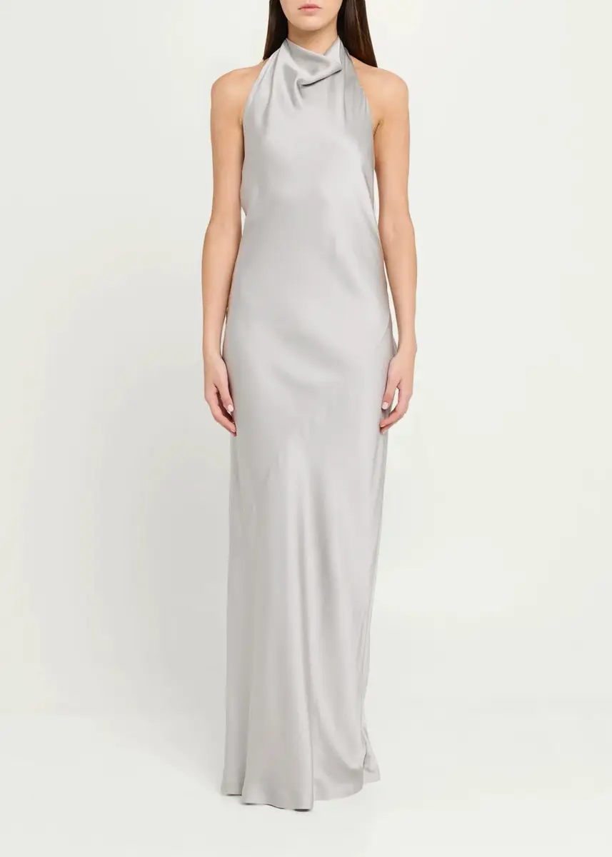 Brunello Cucinelli Fluid Silk Satin Cowl Halter Gown | Thumbnail 2