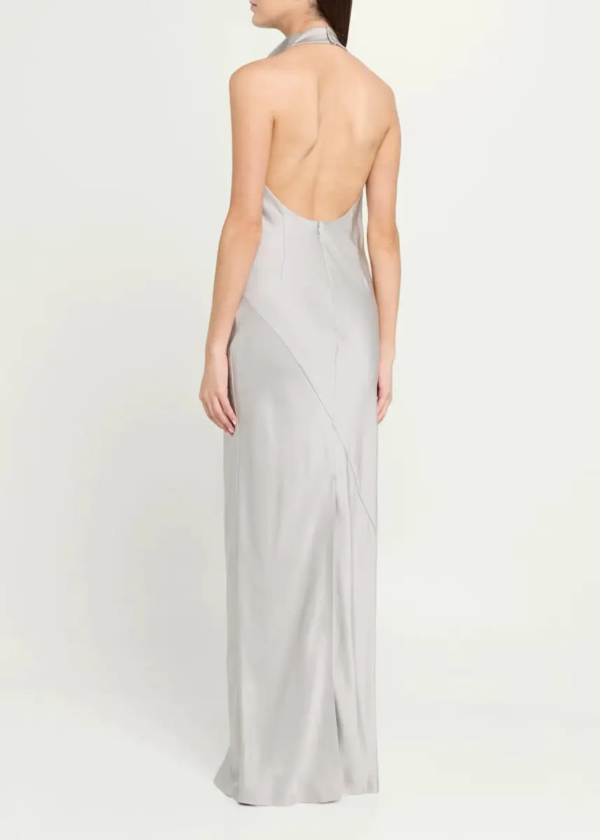 Brunello Cucinelli Fluid Silk Satin Cowl Halter Gown | Thumbnail 3