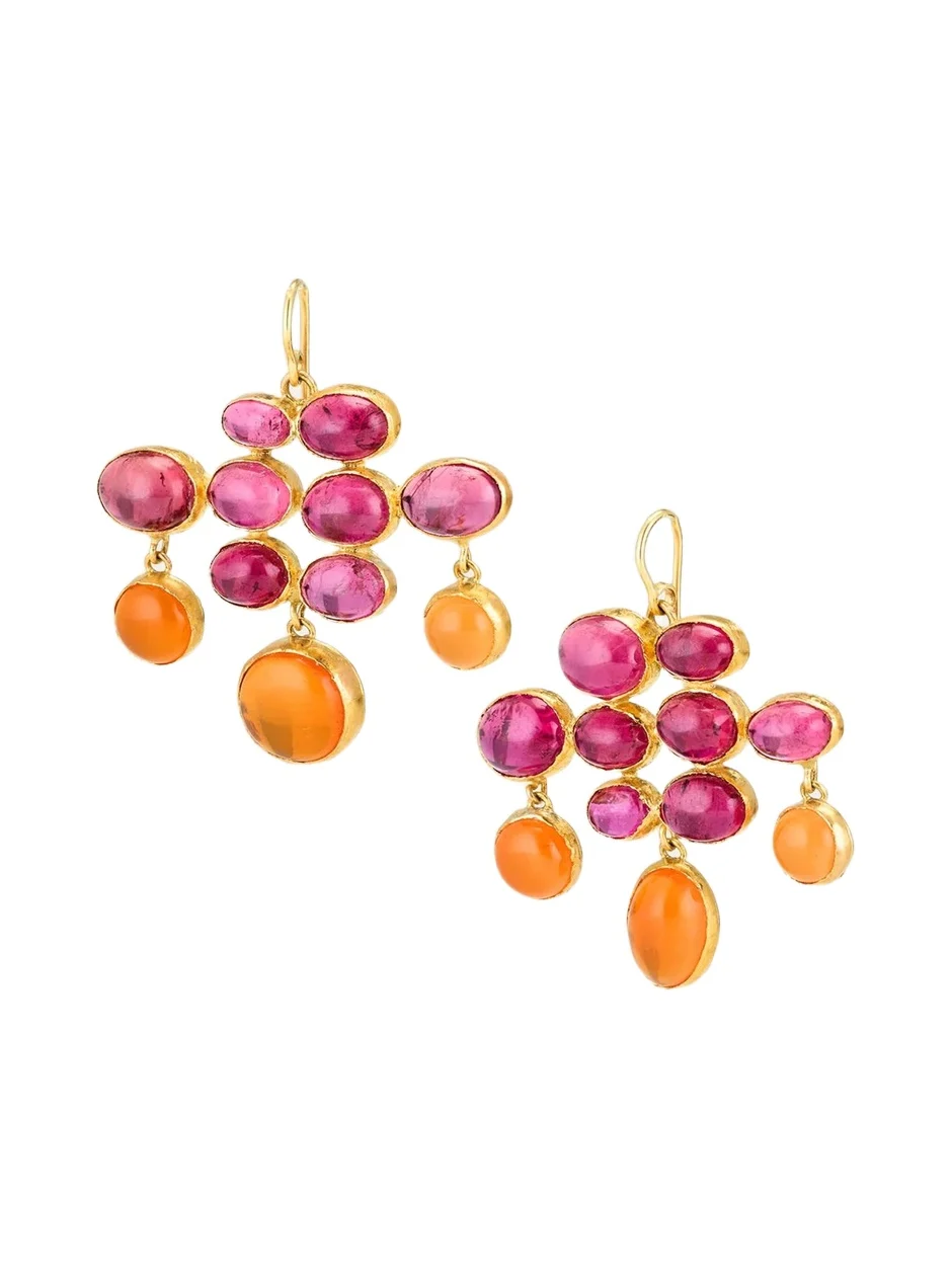 18K Pink Tourmaline, Fire Opal and Carnelian Statement Earrings