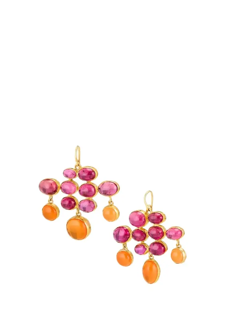 18K Pink Tourmaline, Fire Opal and Carnelian Statement Earrings 18K Pink Tourmaline, Fire Opal and Carnelian Statement Earrings