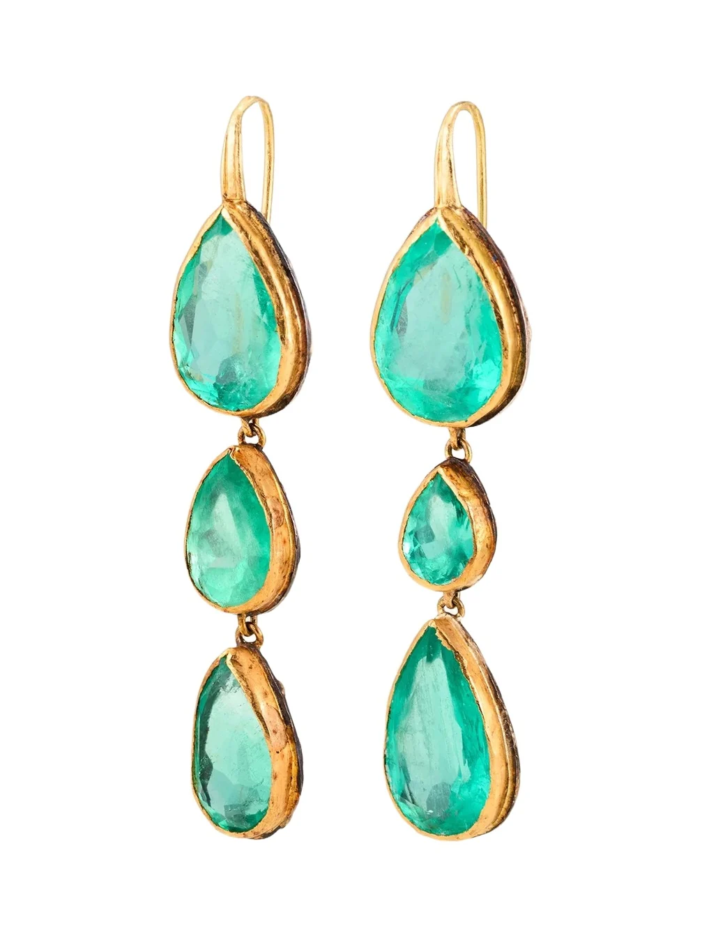 JUDY GEIB 18K Bright Colombian Emerald Pear-Shaped Triple-Dangle Earrings