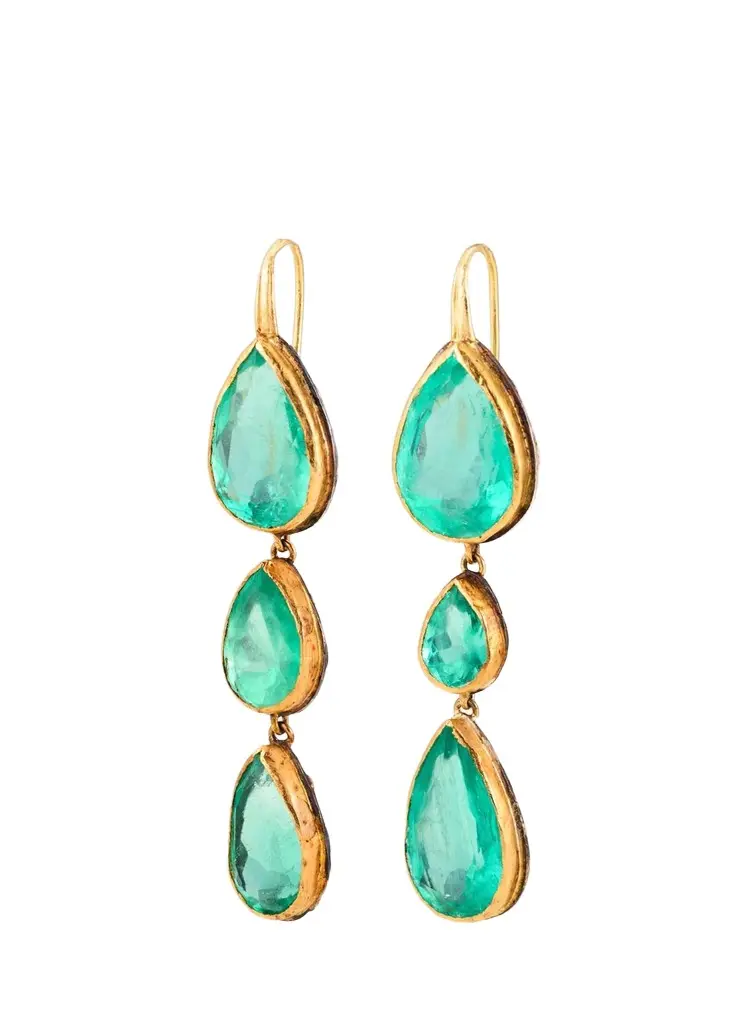 JUDY GEIB 18K Bright Colombian Emerald Pear-Shaped Triple-Dangle Earrings