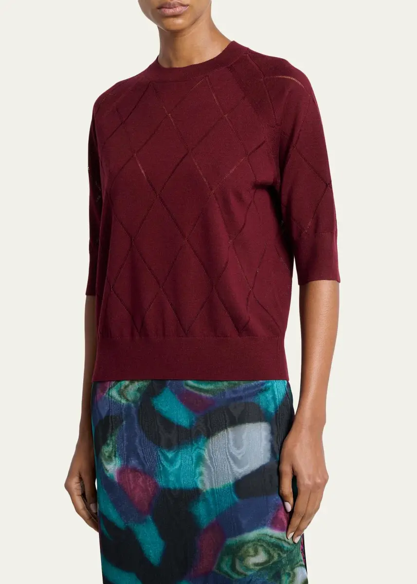 Dries Van Noten Diamond Knit Elbow-Sleeve Crewneck Sweater | Thumbnail 4 Dries Van Noten Diamond Knit Elbow-Sleeve Crewneck Sweater | Thumbnail 4