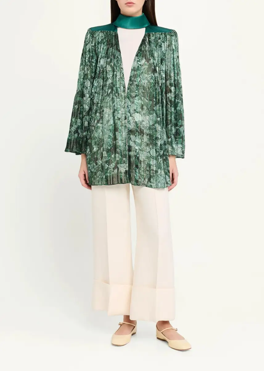 Valentino Garavani Metallic Silk Chiffon Plisse Long-Sleeve Blouse | Thumbnail 2