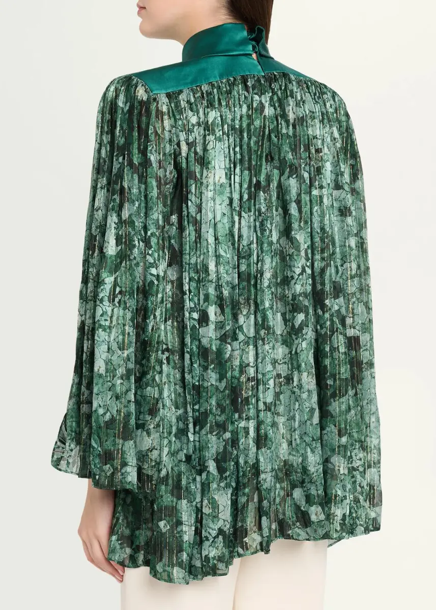 Valentino Garavani Metallic Silk Chiffon Plisse Long-Sleeve Blouse | Thumbnail 3