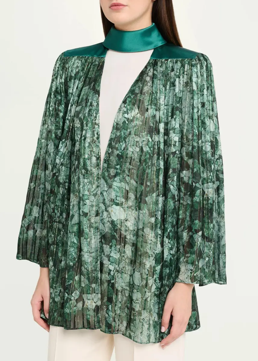 Valentino Garavani Metallic Silk Chiffon Plisse Long-Sleeve Blouse | Thumbnail 4