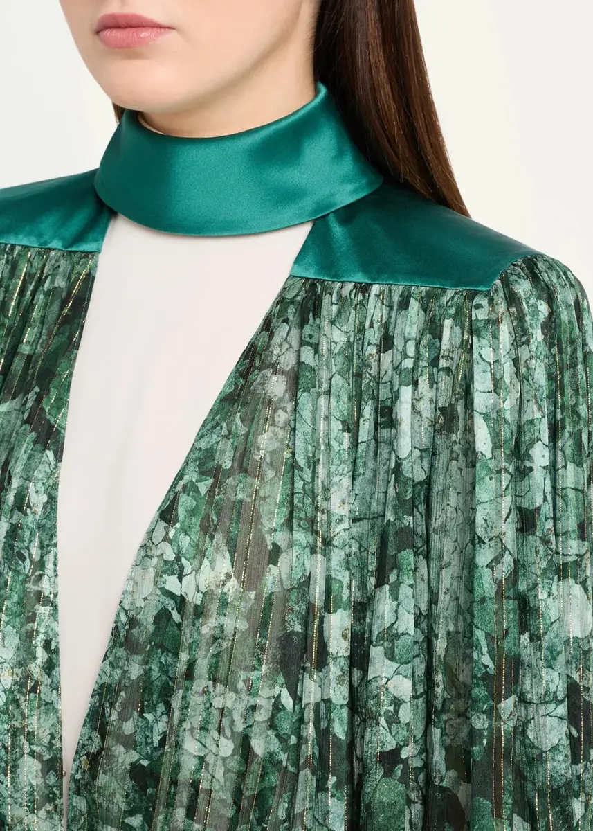 Valentino Garavani Metallic Silk Chiffon Plisse Long-Sleeve Blouse | Thumbnail 5