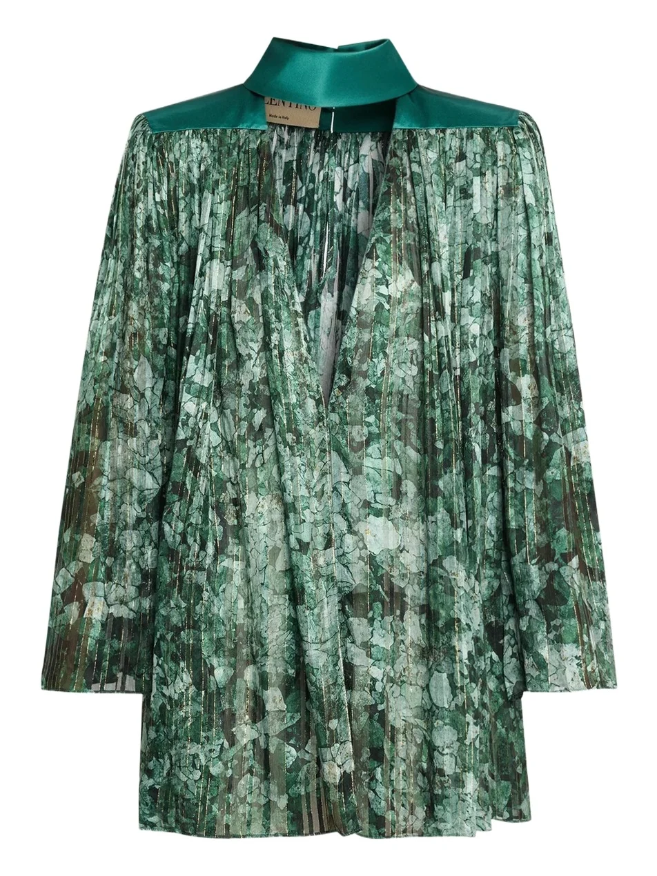 Metallic Silk Chiffon Plisse Long-Sleeve Blouse Metallic Silk Chiffon Plisse Long-Sleeve Blouse