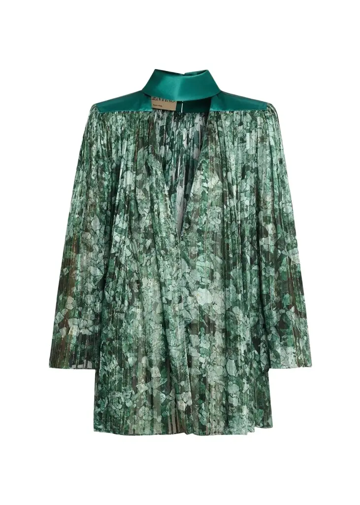 Valentino Garavani Metallic Silk Chiffon Plisse Long-Sleeve Blouse