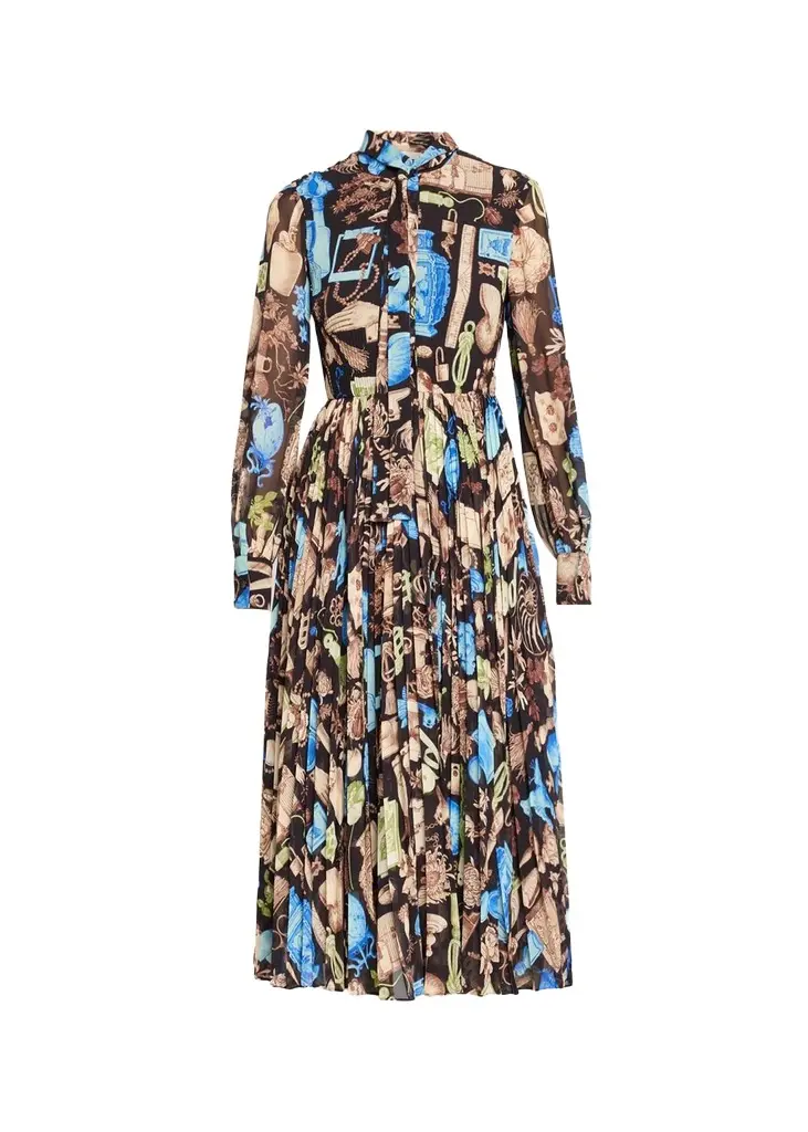 Tie-Neck Pleated Chiffon Long-Sleeve Midi Dress