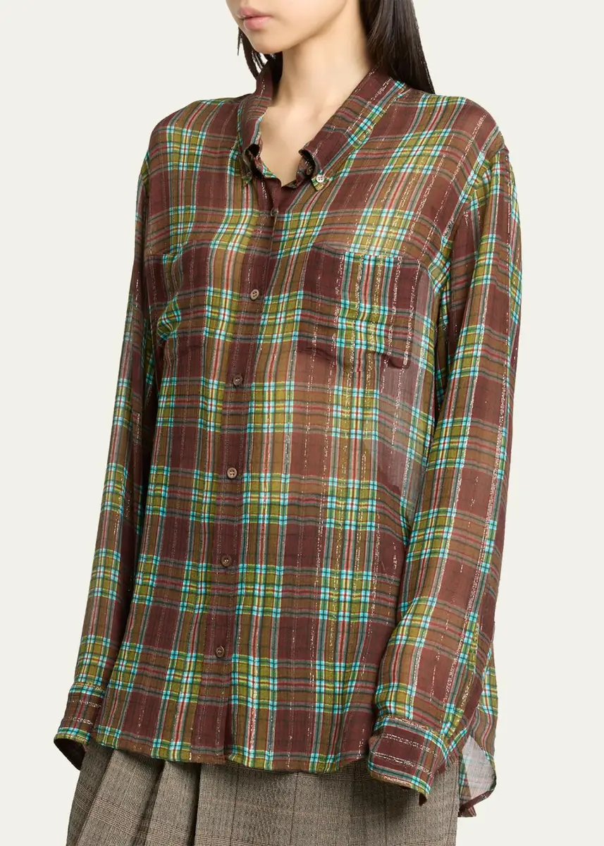 Dries Van Noten Plaid Silk-Blend Button-Front Shirt | Thumbnail 4