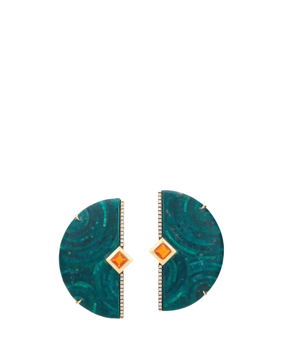 Silvia Furmanovich 18K Green Wood and Straw Half-Moon Earrings with Diamonds and Fire Opal | Thumbnail 2 Silvia Furmanovich 18K Green Wood and Straw Half-Moon Earrings with Diamonds and Fire Opal | Thumbnail 2
