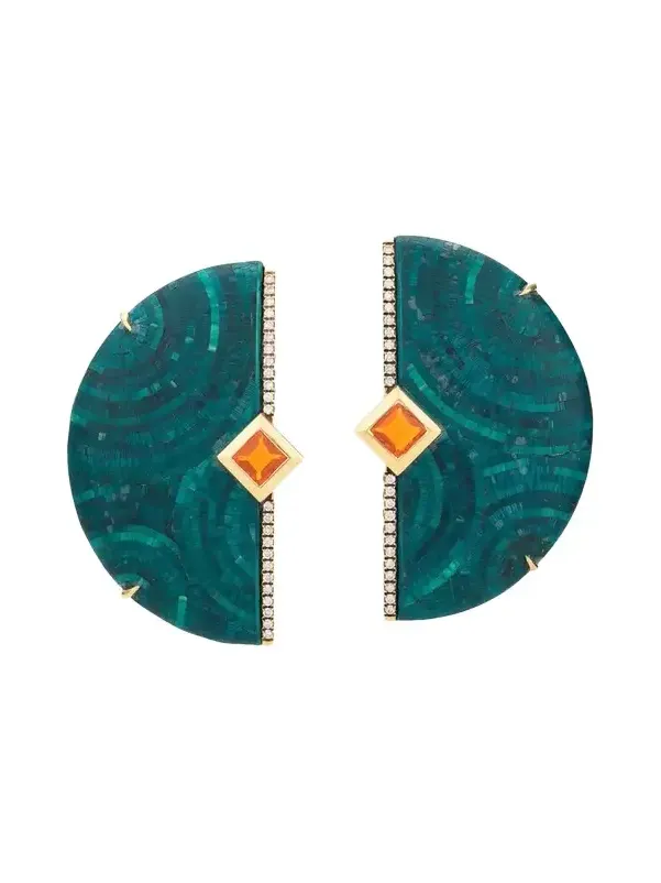 18K Green Wood and Straw Half-Moon Earrings with Diamonds and Fire Opal
