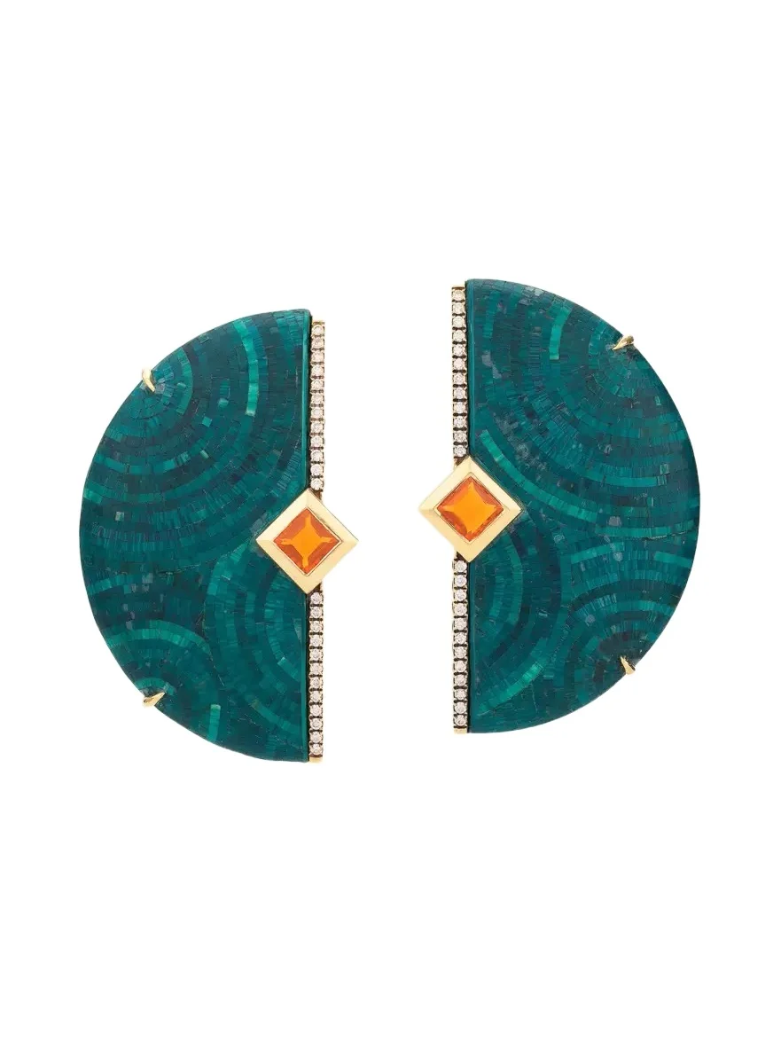 18K Green Wood and Straw Half-Moon Earrings with Diamonds and Fire Opal 18K Green Wood and Straw Half-Moon Earrings with Diamonds and Fire Opal