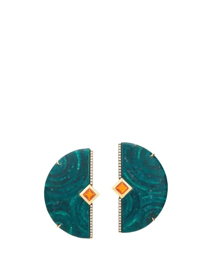 Silvia Furmanovich 18K Green Wood and Straw Half-Moon Earrings with Diamonds and Fire Opal