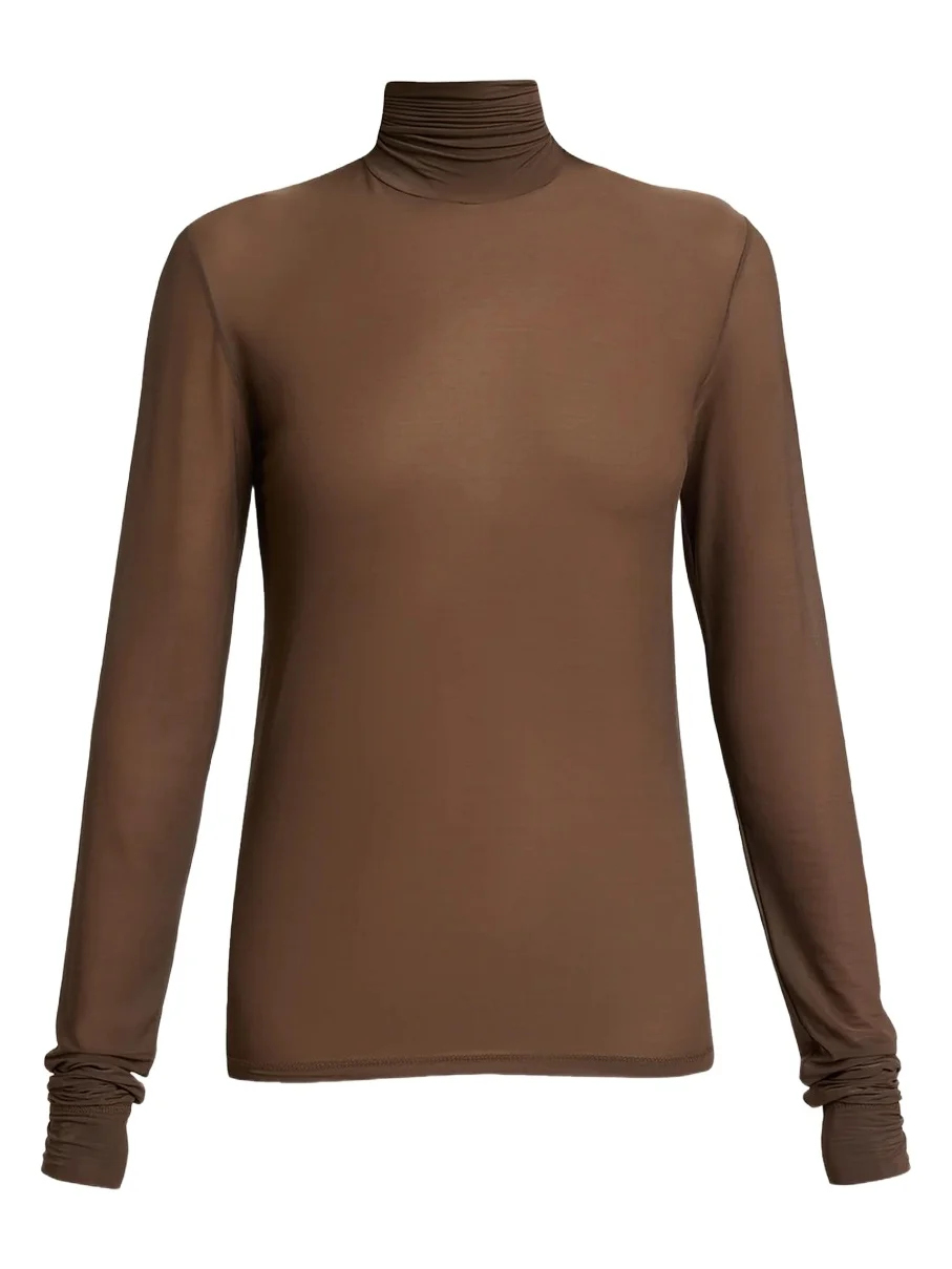 Saint Laurent Turtleneck Sheer Jersey Stretch Long-Sleeve Top
