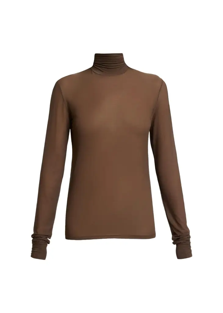 Turtleneck Sheer Jersey Stretch Long-Sleeve Top