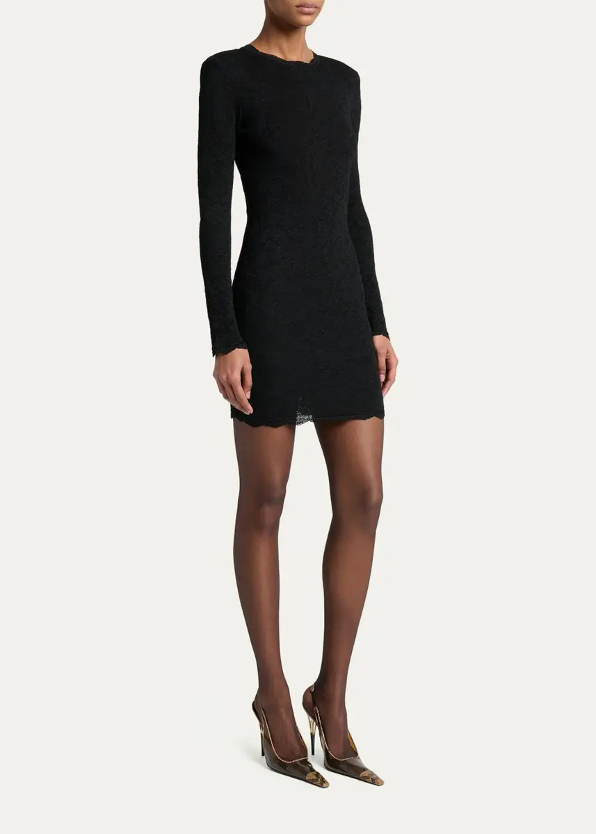 Saint Laurent Floral Lace Knit Long-Sleeve Mini Dress | Thumbnail 4 Saint Laurent Floral Lace Knit Long-Sleeve Mini Dress | Thumbnail 4
