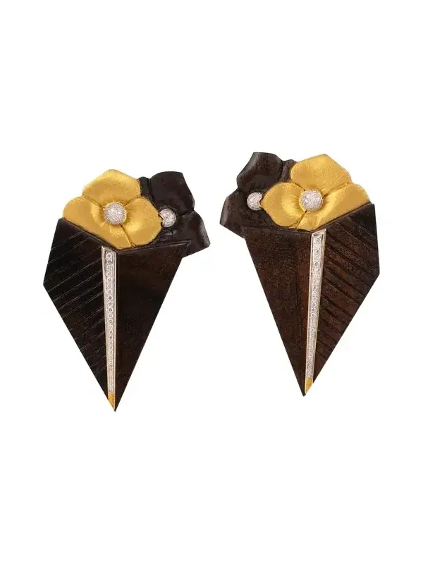 18K Carved Wood and Diamond Flower Earrings