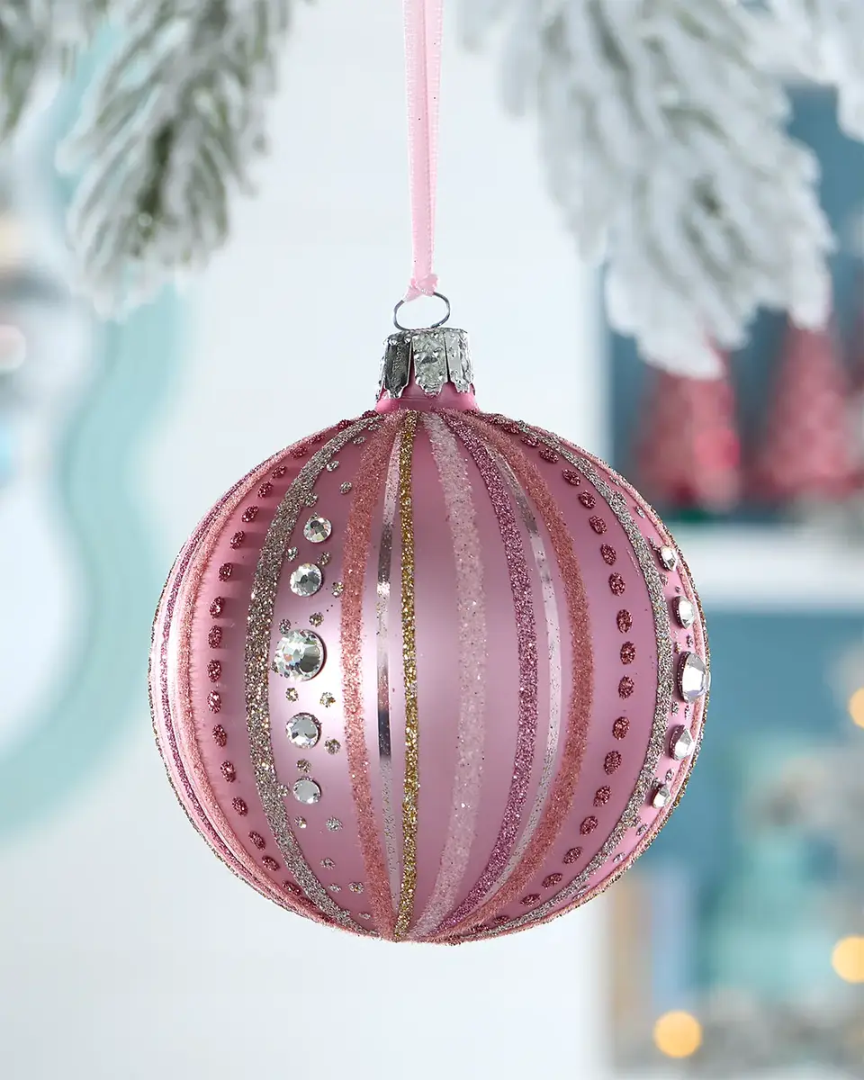 Exclusive Glitter Stripes on Matte Pink Ball Christmas Ornament