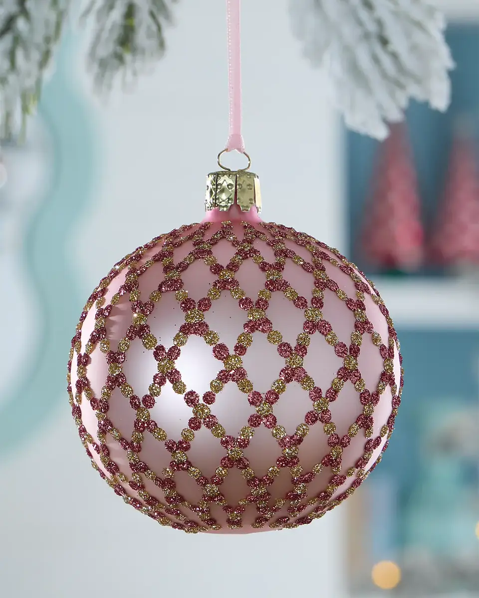 Exclusive Glittery Diamond Lattice on Matte Pink Ball Christmas Ornament
