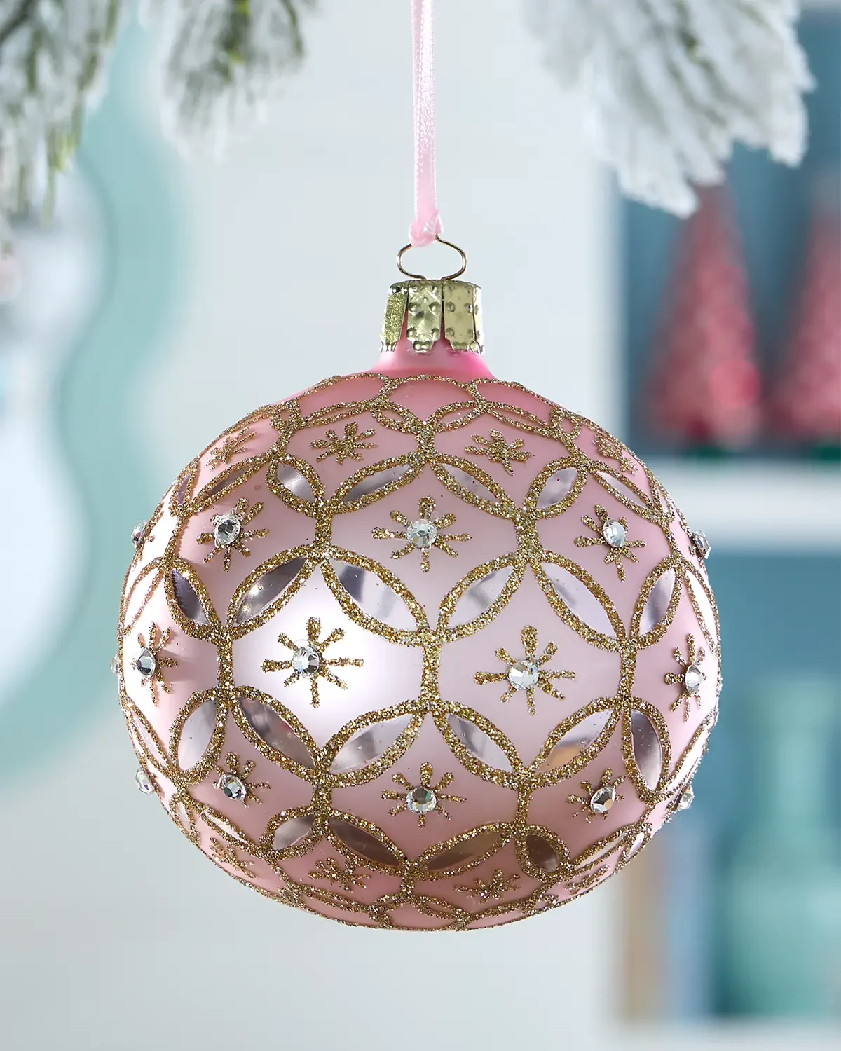 Exclusive Glittery Circles on Matte Pink Ball Christmas Ornament