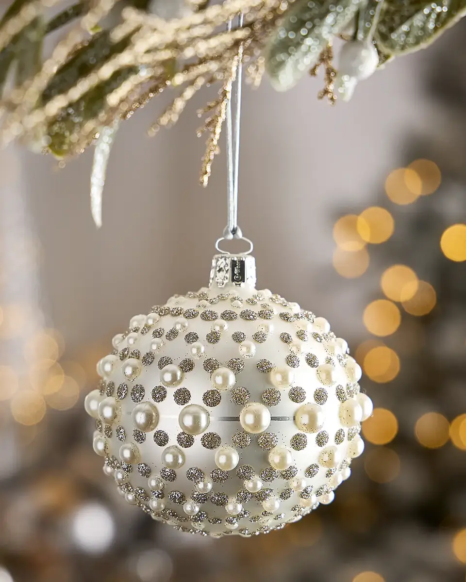 Exclusive Pearly & Glitter Matte White Ball Christmas Ornament