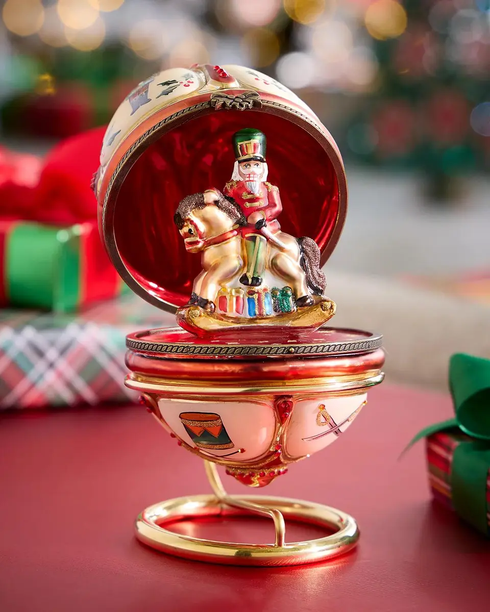 Komozja Nutcracker on Rocking Horse in Hinged Egg Christmas Ornament with Stand | Thumbnail 2 Komozja Nutcracker on Rocking Horse in Hinged Egg Christmas Ornament with Stand | Thumbnail 2