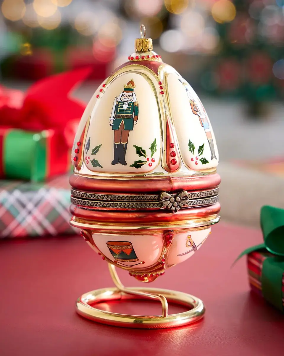 Komozja Nutcracker on Rocking Horse in Hinged Egg Christmas Ornament with Stand