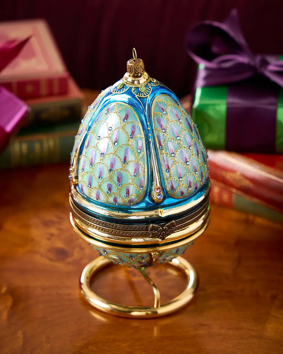 Komozja Peacock in Hinged Egg Christmas Ornament with Stand | Thumbnail 2 Komozja Peacock in Hinged Egg Christmas Ornament with Stand | Thumbnail 2
