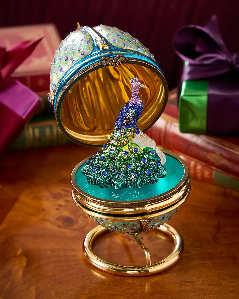 Komozja Peacock in Hinged Egg Christmas Ornament with Stand