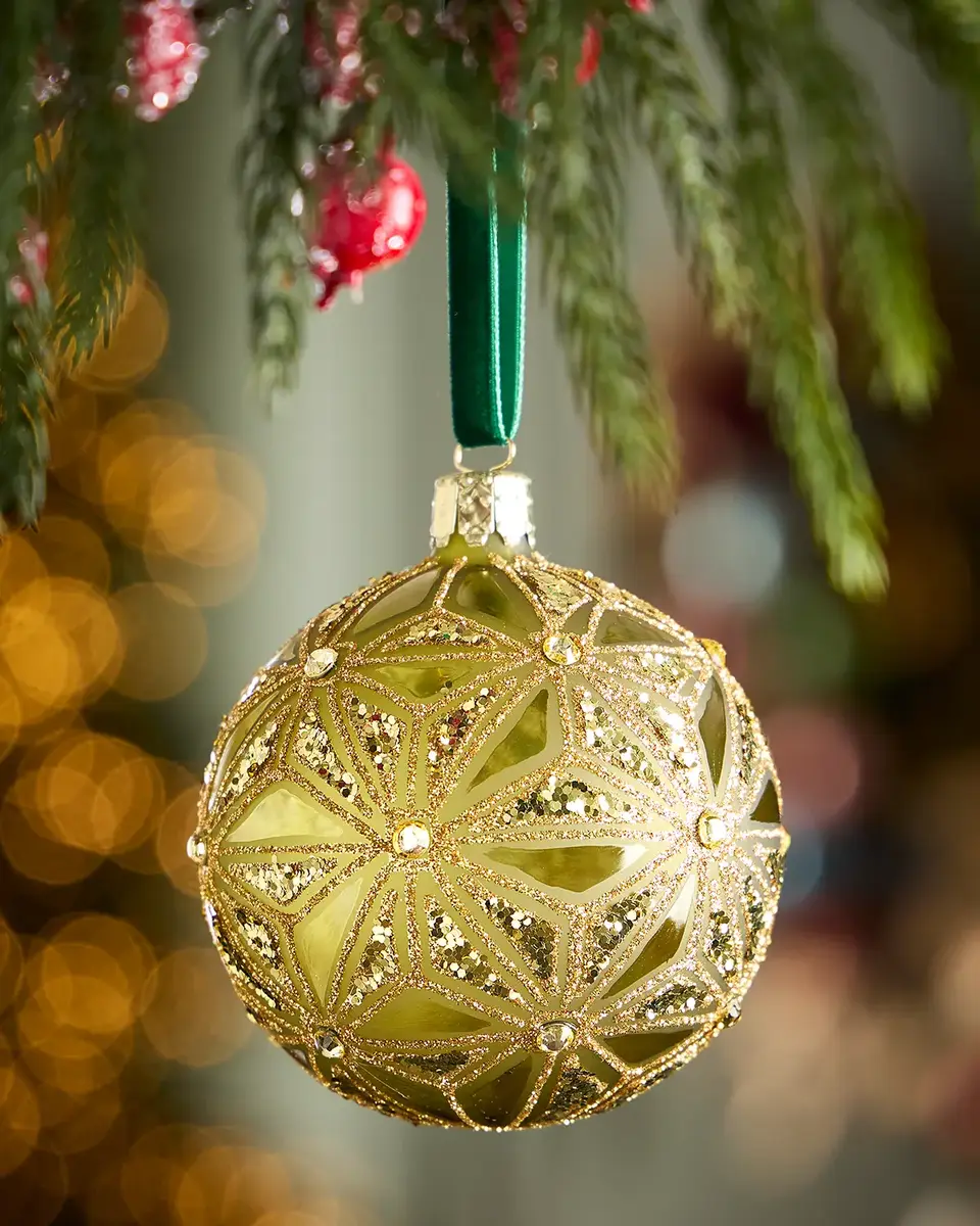 Exclusive Geometric Glitter on Matte Green Ball Christmas Ornament