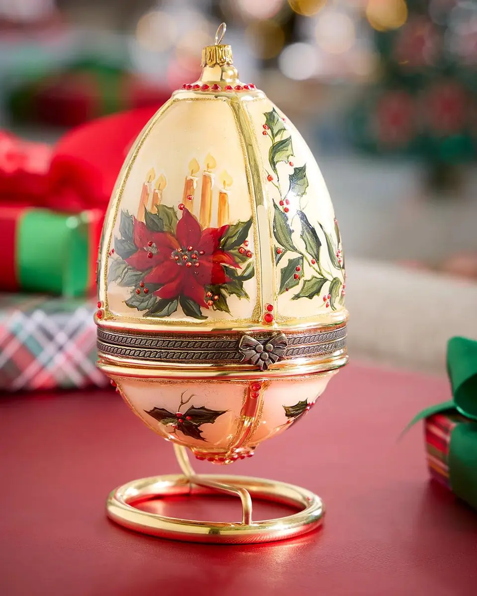 Komozja Santa by the Fireplace in Hinged Egg Christmas Ornament with Stand
