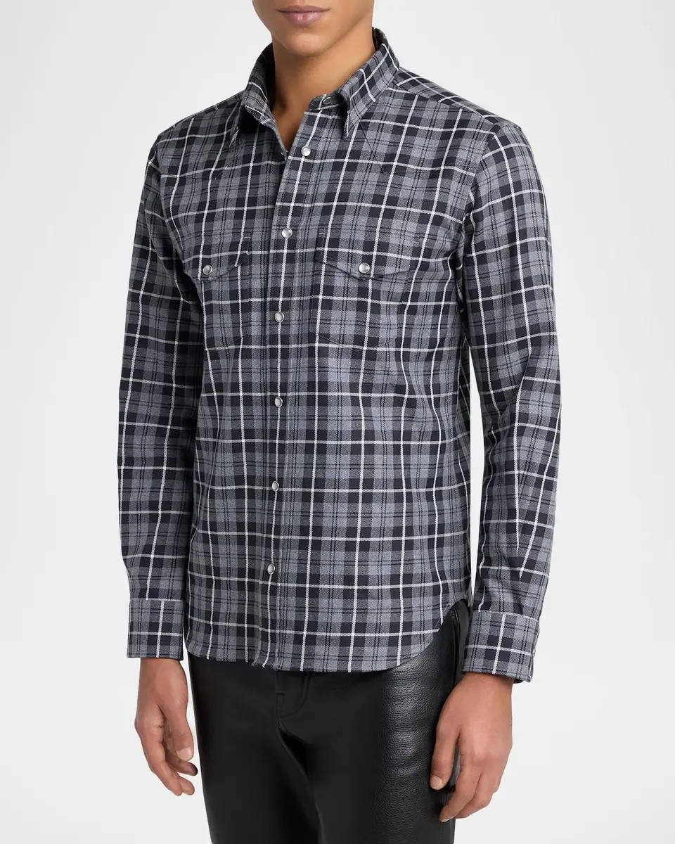 Tom Ford Men's Cotton and Cashmere Check Snap-Front Western Shirt | Thumbnail 4 Tom Ford Men's Cotton and Cashmere Check Snap-Front Western Shirt | Thumbnail 4