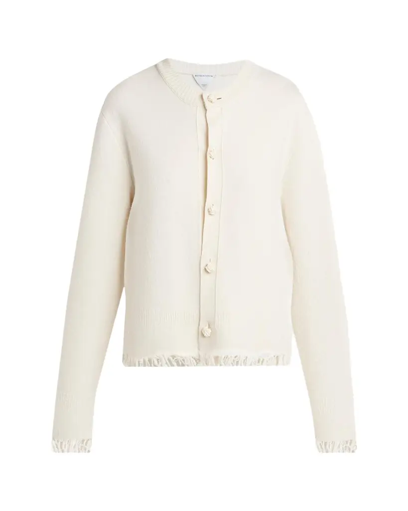 Bottega Veneta Intrecciato Button Fringed Wool Crewneck Cardigan