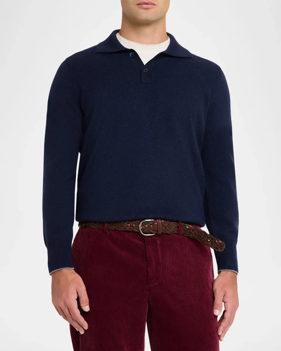 Brunello Cucinelli Men's Cashmere Knit Polo Sweater | Thumbnail 4 Brunello Cucinelli Men's Cashmere Knit Polo Sweater | Thumbnail 4