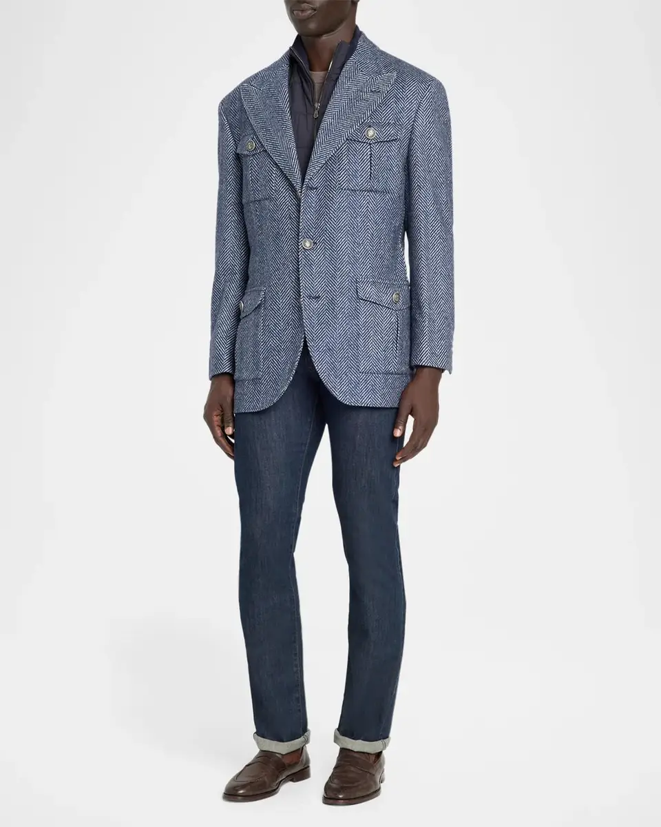 Brunello Cucinelli Men's Wool and Silk Chevron Field Jacket with Zipped Bib | Thumbnail 2 Brunello Cucinelli Men's Wool and Silk Chevron Field Jacket with Zipped Bib | Thumbnail 2