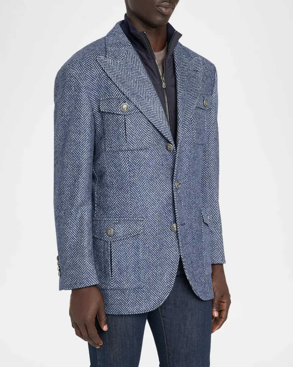Brunello Cucinelli Men's Wool and Silk Chevron Field Jacket with Zipped Bib | Thumbnail 4 Brunello Cucinelli Men's Wool and Silk Chevron Field Jacket with Zipped Bib | Thumbnail 4