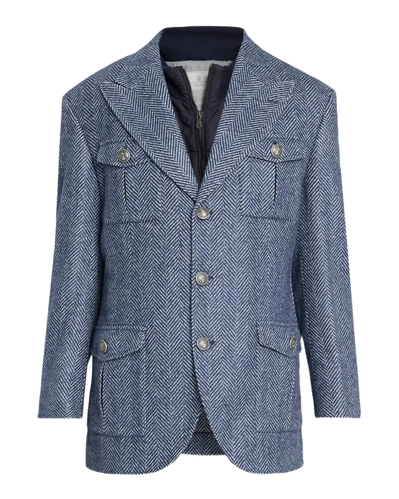 Brunello Cucinelli Men's Wool and Silk Chevron Field Jacket with Zipped Bib